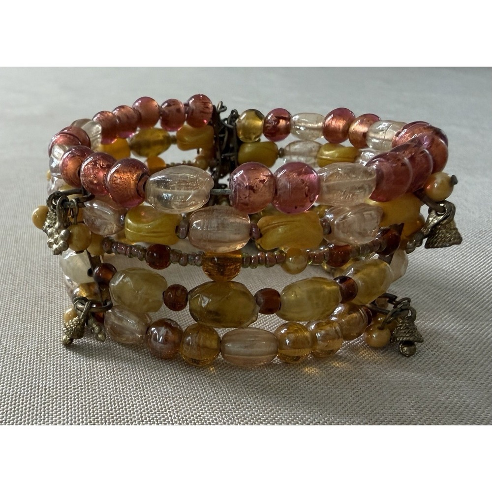 Vintage Boho Glass Bead Wrap‎ Bracelet Amber Honey Pink Multi Strand Charms